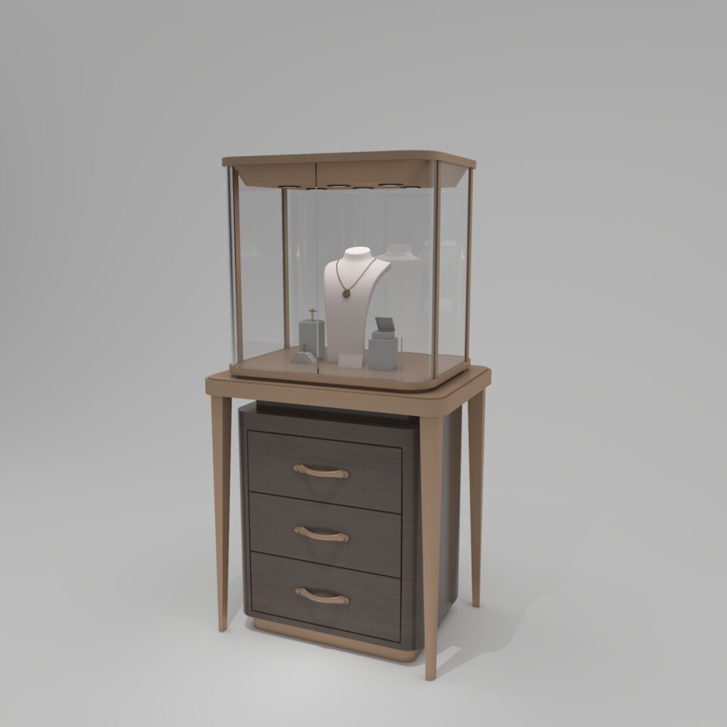 Dieser 3D-Render des Schmuckständers aus Holz dient für Online-Listing, Kundenkommunikation und Angebotsvorschau seines Aussehens & Layouts