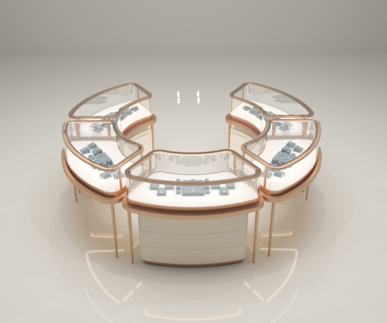This is a 3D render of curved jewelry island showcase. For Alibaba, YouTube, social media promotion, client presentation and quotation, to preview shape, layout and lighting effect before production.