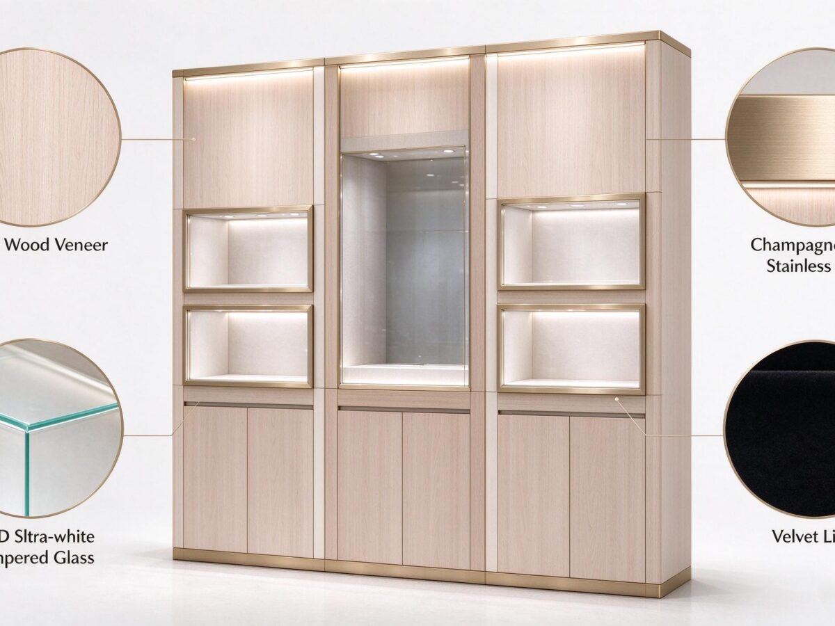 Lichtglas-Holzmaserung Schmuck-Wandvitrine