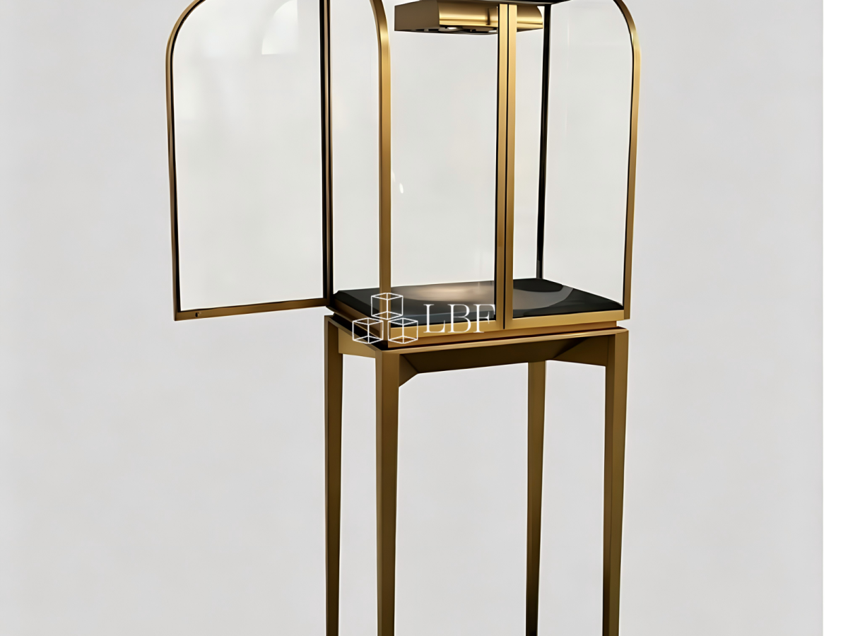 Leicht – luxuriöser bogenförmiger goldener unabhängiger kleiner hoher Schmuckvitrine